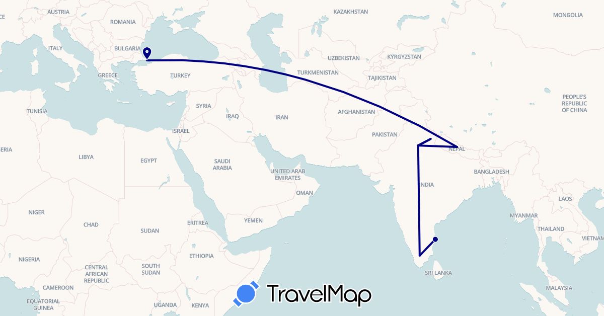 TravelMap itinerary: driving in India, Nepal, Turkey (Asia)